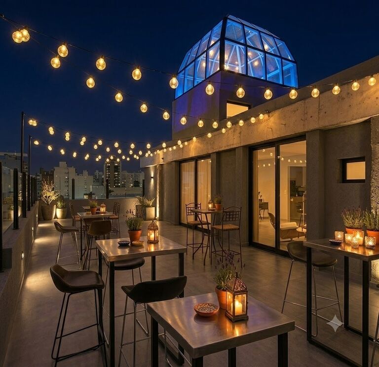 Rooftop nocturno con luces cálidas y vista panorámica en Altos del Balcón, ideal bar o eventos en San Miguel